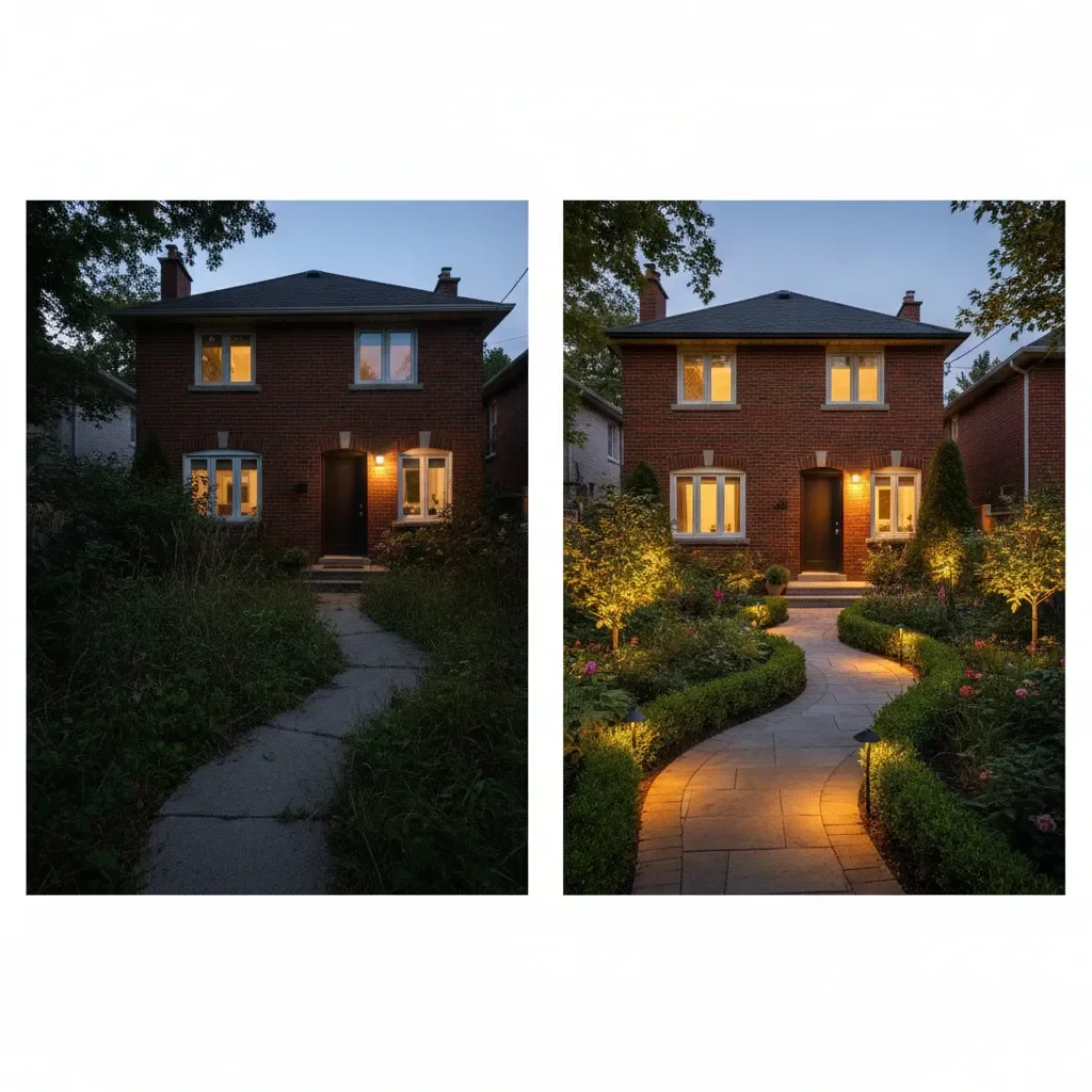 Landscape lighting designer transformation - before and after by Legacy Landscaping Etobicoke in Etobicoke